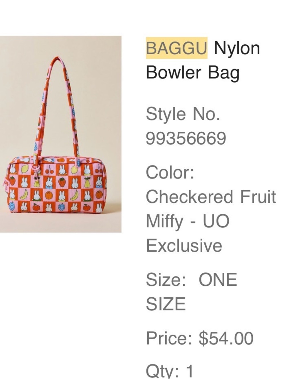 BAGGU Checkered Fruit Miffy Nylon Bowler Bag - Pink/Orange/White